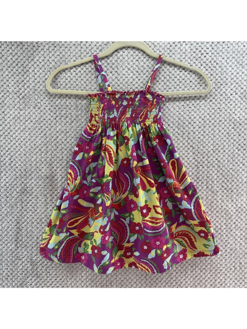 Hanna Anderson Summer Dress Little Girl 110 US5 Purple Yellow Floral Smocked